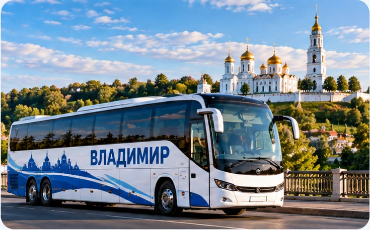 Пассажирский автобус Владимир на фоне города Владимира